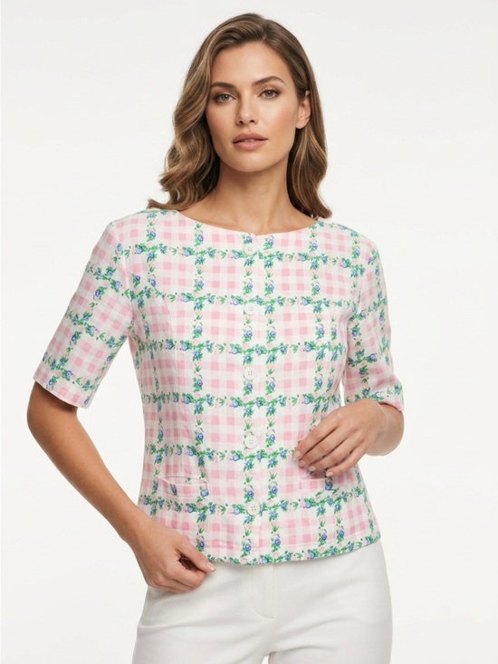 Eagle'S Eye Tops - Eagle's Eye Vintage Pink Gingham Floral Button Front Top Women's L